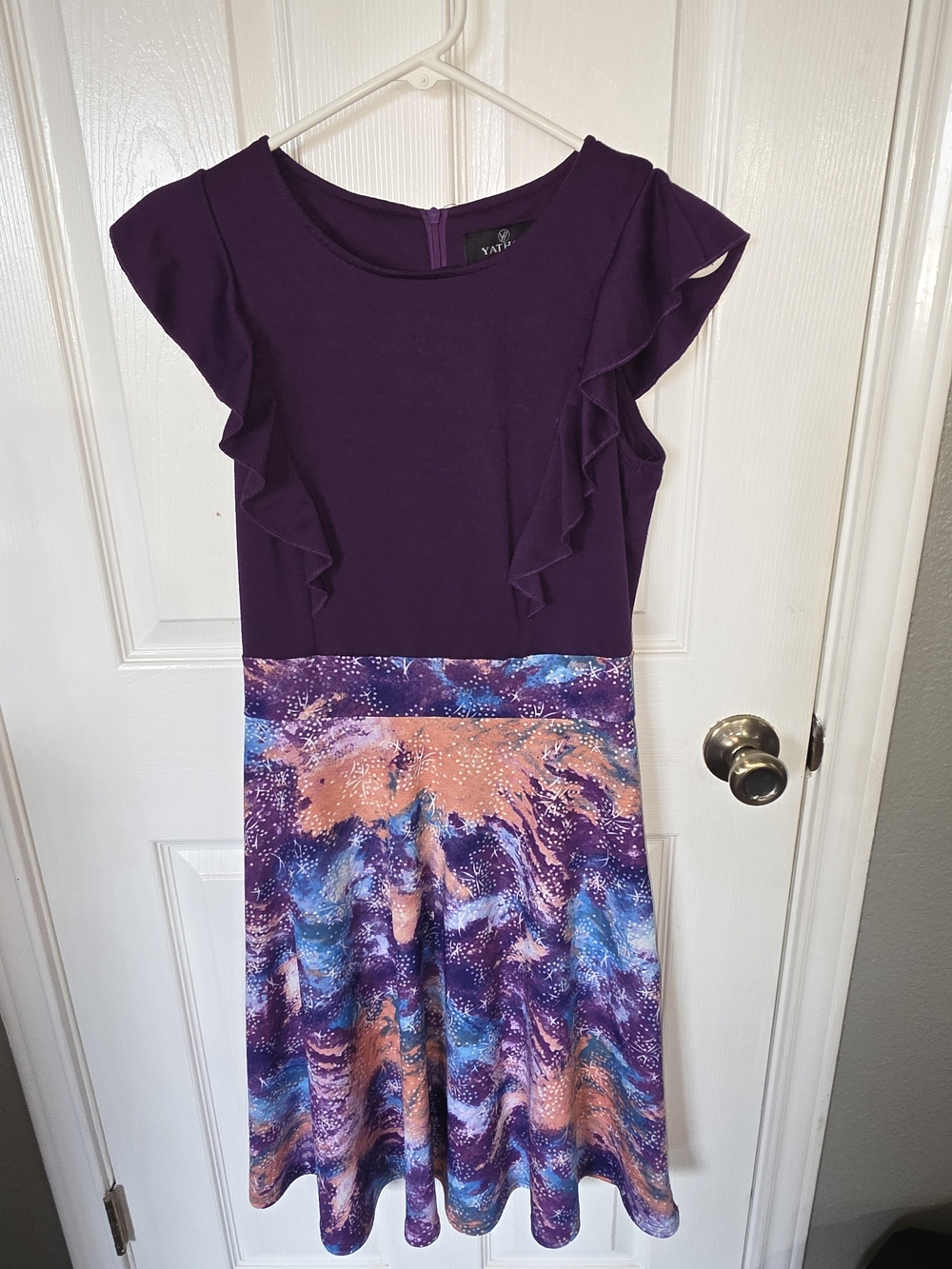 Purple Ruffle-Sleeve Fit & Flare Dress with Multicolor Galaxy Skirt